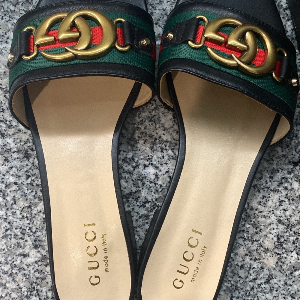 Gucci Black Mules with Gold and Green Accents